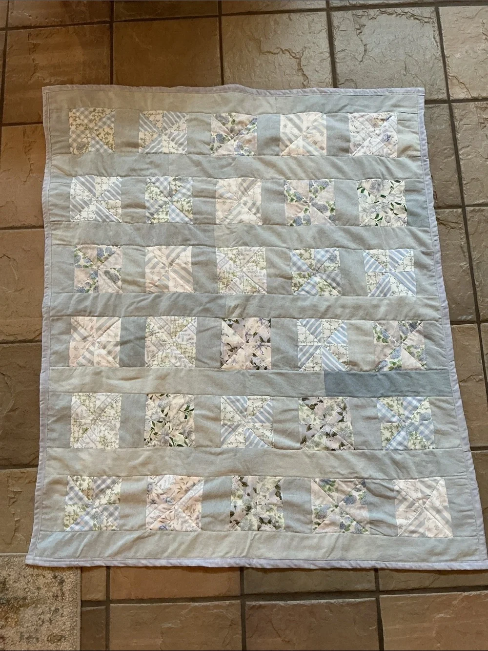Handmade Light Blue Patchwork Quilt - Soft Floral & Stripe Design